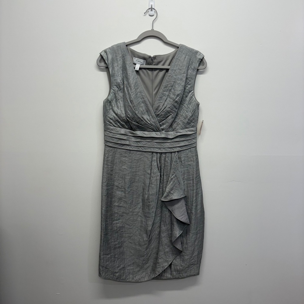 Dressbarn Collection Silver Metallic Faux Wrap Sheath Cocktail Dress Size 12 NWT - Picture 2 of 6